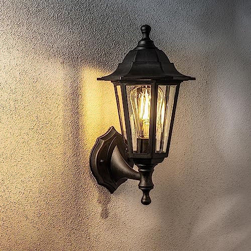 CGC Lighting Outdoor Wall Light Black Lantern Traditional Vintage Light Coastal Waterproof Weathproof E27 Mains Power