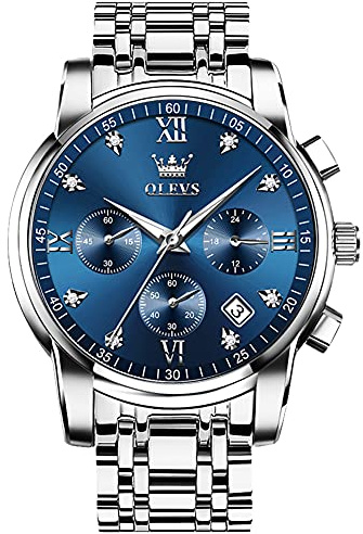OLEVS Men's Diamond Watches Blue Dial Roman numerals Chronograph Watches for Men Stainless Steel Band Fashion Luminous Hands Multi-Function Quartz Watch Water Resistant Silver Tone Men Watch with Date