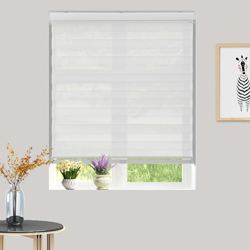 Blinhdome Light Filtering Cordless Custom Zebra Roller Blinds for Window, Dual Layer Sheer Shades or Privacy Light Control, Day and Night Window Shades, Easy to Install, White