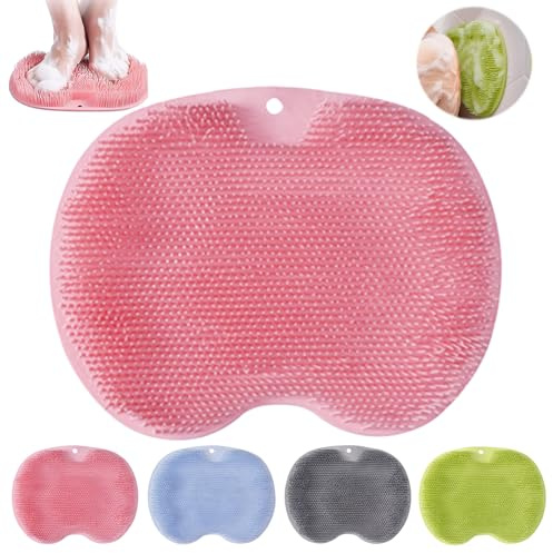 Tapis de Bain en Silicone, Brosse Pieds Douche, Coussin de Massage pour Pieds, Nettoyeur de Dos avec Ventouse, Foot Scrubber, Dos Nettoie, Nettoie, Exfolie, Masse vos Pieds Sans se Pencher(Rouge)