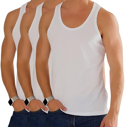 Trendy Lane 3 Pack Running Muscle Tank Top for Men Dry-Fit Workout Sleeveless Tops Breathable Y-Back Shirts Training Bodybuilding Vests (3PK, WT, L) White