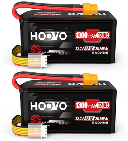 HOOVO 6S Lipo RC Akku 22.2V 1300mAh 120C Lipo Battery Modellbau Akku mit XT60 Stecker Batterie Ersatzakku für RC Auto Flugzeug Helikopter Boot Buggy Hobby (2 Stück)