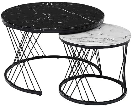 BTM Round Coffee Table, Modern Coffee Table Set of 2 Marble Pattern Top with Metal Frame, Small Side Table, End Table for Living Room, Bedroom, Home Office, Farmhouse, White and Black