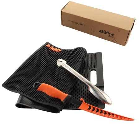 AFEISOL 32 Inch Non Slip Fish Fillet Mat Heavy Duty Rollable Fish Bait Cutting Board Large Size Fish Cleaning Mat with 7 inch Fillet Knife and Fish Scaler Portable Fish Fillet Mat