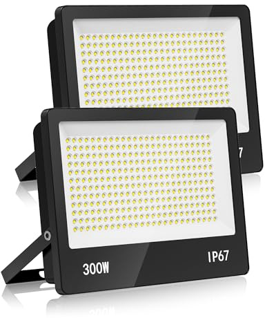 HAPYLUMI Focos LED Exterior, 2 Piezas 300W 30000LM 6500K Floodlight Blanco Frío, IP67 Impermeable Proyector LED Exterior Iluminación de Seguridad para Jardin Patio Garaje Granja Almacén Estadio