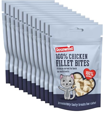 Rosewood Freeze Dried Chicken Bites for Cats - All Natural Chicken Fillet, Small, Bite-Sized Cat Treats, Grain-Free, Natural and Healthy Cat Snacks (Case of 12 x 15g Packs)