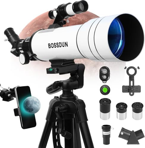Télescopes pour Adultes, télescope réfracteur pour Enfants, Ouverture de 70 mm, Haute Transmission avec Adaptateur pour Smartphone, télescope astronomique pour débutants, Blanc.