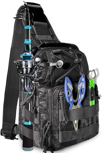Mochila de pesca, bolsa de almacenamiento de aparejos de pesca, equipo de pesca con soporte para caña, mochila de almacenamiento de pesca, regalo de pesca para senderismo, viajes, caza (camuflaje