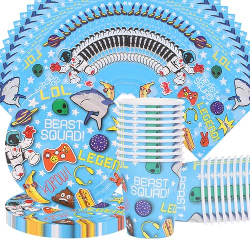 Doyomtoy Vaisselle de fête de jeu vidéo - Pour les amateurs de jeux, assiettes d'anniversaire, tasses, serviettes, jeux vidéo, accessoires de fête d'anniversaire - 60 pièces