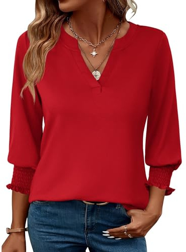 Rapbin Bluse Damen 3/4 arm langerm V-Ausschnitt Tunika Sommer Tops Locker Shirt Elegant Lässig Oberteil 2025 (L, Rot)
