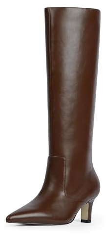 Easyfox Knee High Boots for Women Pointed Toe Kitten Low Heel Tall Boots Faux Leather Fall Long Boots Side Zipper, Chocolate Pu, 5.5 UK