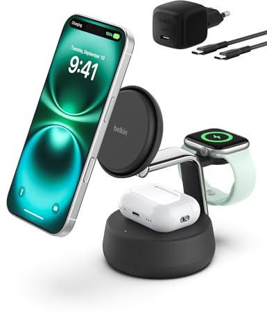 Belkin UltraCharge Pro Qi2.2 Induktive Ladestation, 25W, 3 in 1 Ladegerät MagSafe Kompatibel, Wireless Charger für iPhone 17, Air, Apple Watch, AirPods, Pixelsnap mit Lüfter, 45-W-Adapter – Schwarz