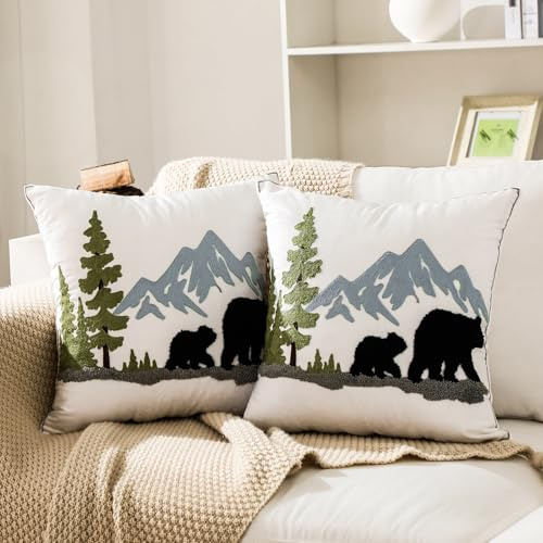 Hahafelt 2 Pcs Bear Forest Throw Pillow Covers 17 x 17 Inch Embroidered Velvet Decorative Rustic Cabin Pillow Covers with Zipper Farmhouse Animal Cushion Cases for Home Bedroom Sofa