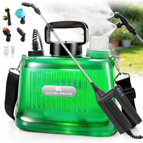 SideKing Akku Drucksprüher 8L, Sprühflasche Pflanzen mit 3-Stufen-Griff, 2X 2000mAh Akku, 4 Düsen & Teleskopstab – Gartenspritze & Unkrautspritze für Rasen, Terrasse & Pflanzenpflege