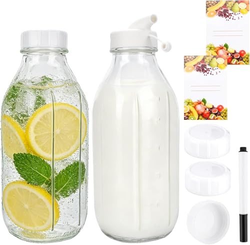TEGOVE Bottiglie Di Vetro,Confezione Da 2 Bottiglie In Vetro Riutilizzabili,Brocca Per Latte In Vetro Da 1 Litro Con Beccuccio Versatore, Dispenser Per Bevande, Succhi Di Frutta, Latte, Frappè