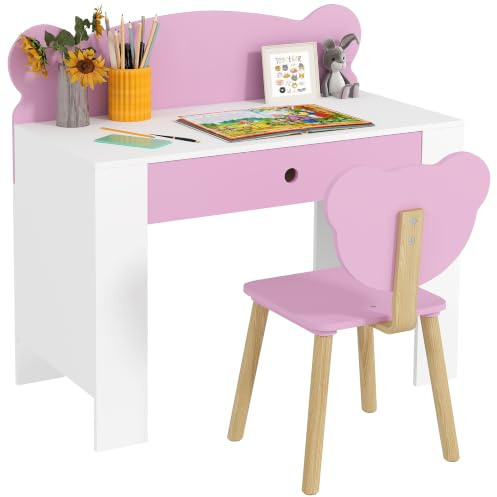 AIYAPLAY Kids Desk and Chair Set, Study Table and Chair, Bear Theme Pink | Storage Drawer, for Drawing Reading Writing, Children Writing Table Set, Bedroom Daycare Playroom