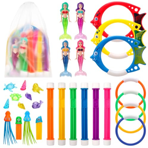 GSrenyu Diving Toys Swimming Pool, 30 Pieces Fun Swimming Pool Toy Set with Diving Rings, Torpedo, Seagrass, Marine gem Training Dive Game Toys for Kids Children