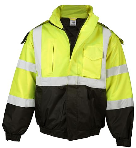 Kishigo Men's High Visibility Reflective Economy Bomber Jacket JS121, Zipper Closure, ANSI 107 Type R/Class 3, Construction, Roadwork, Traffic, Warehouse, Factory, Security, Outdoor (Lime, L)