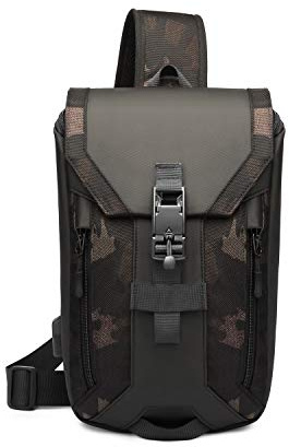 FANDARE Stöldskydd bröstväska med USB herr väska stor kapacitet axelväska pojke bälte väska axelväska för skola resor vandring cykling jogging hållbar polyester, Camo, L