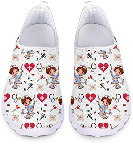 Showudesigns Zapatos Enfermera Deportivos Sanitarios Mujer Zapatillas Enfermero Zapatos sin Cordones Nurse Zapatos Planos de Malla Transpirable Blanco EU 39
