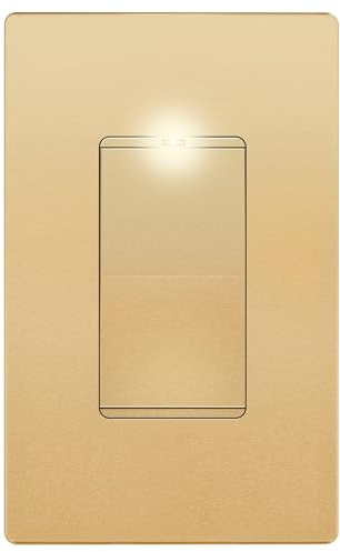 LIDER Minimalist Design Matte Finish Lighted Decorator Switch with Screwless Wall Plate, Frameless Paddle Light Switch with Locator Light, Single Pole, Grounding Screw, 15A 125V, UL Listed, Gold