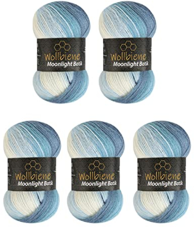 Wollbiene Moonlight Batik 5 x 100g Farbverlauf Strickwolle 500g zum Häkeln 20% türkische Wolle blau-weiß Farbverlauf