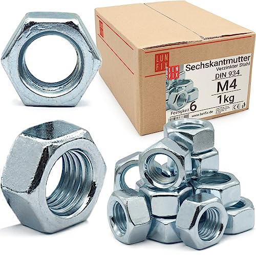 Lun Fix Dado esagonale M4 | DIN 934 | 1 kg | Resistenza 6 | Acciaio zincato, filettatura regolare dadi per viti, dado metrico per bulloni filettati, dadi esagonali per barre filettate