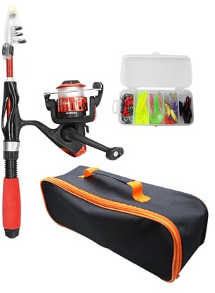 MagiDeal Canne à pêche pour Enfant de Voyage, Ensemble Complet de Canne à pêche pour Enfant avec leurres, Canne à pêche et Moulinet pour débutant, pêche en, Rouge