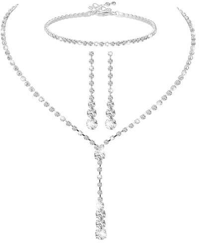 Yolev 4 Stück Schmuck Set Hochzeitsschmuck Braut Tropfen Halskette Anhänger Ohrringe Strass Armband Set Silber Schmuck Hochzeit Brautschmuck für Frauen und Mädchen Hochzeit Party