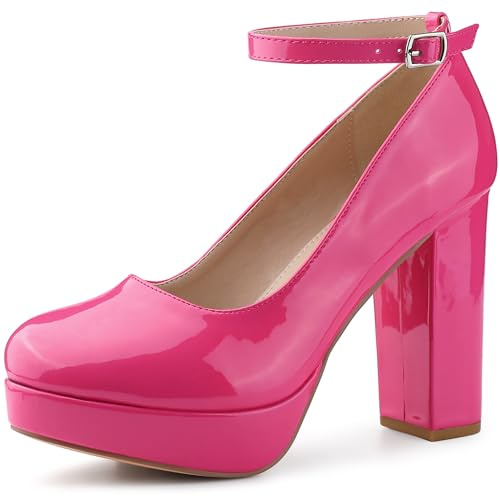 Allegra K Women's Platform Ankle Strap Chunky Heel Hot Pink Mary Janes Pumps 7 M US