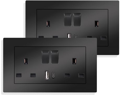 JIMEIDA 2 Pack 13A Double Switched Socket with USB, LED & 2 USB Ports Black | 2 Pack, 13A, 250V, 2x USB (A+C) 3.1A, Double Switched, LED Indicator, Fireproof PC, 146x86mm, Black