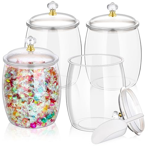 mwellewm 4 Pcs Candy Jars With Lids&Spoons 1/2 Gallon Clear Plastic Cookie Container Large Airtight Apothecary Storage Organization Hard Snack Buffet Canister for Wedding Home Kitchen Bar Decoration