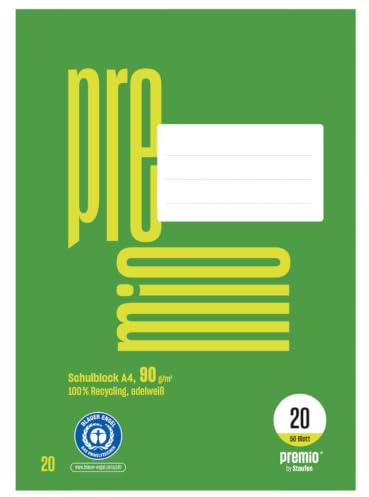 Staufen premio skolblock – 5 häften vardera, 50 ark, DIN A4, linjering 20 (blank), 4-vägs perforering, 90 g/m² återvunnet papper
