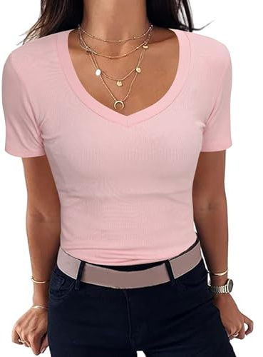 Aottori T-Shirt Donna Estivi Manica Corta Maglietta a Coste con Scollo a V Basic Shirt Aderente Elasticizzato Top Cotone Sexy Rosa M