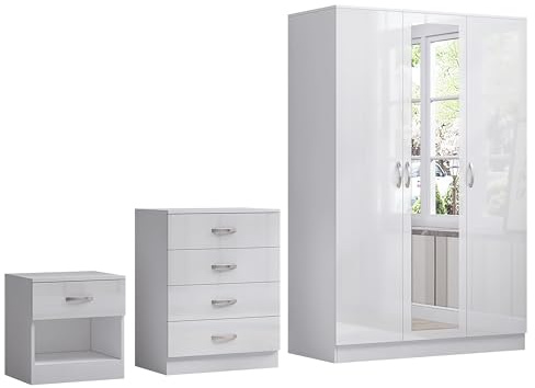Nera Gloss White 3 Piece Bedroom Furniture Set 3 Door Mirrored Wardrobe 4 Drawer Chest & Bedside Table