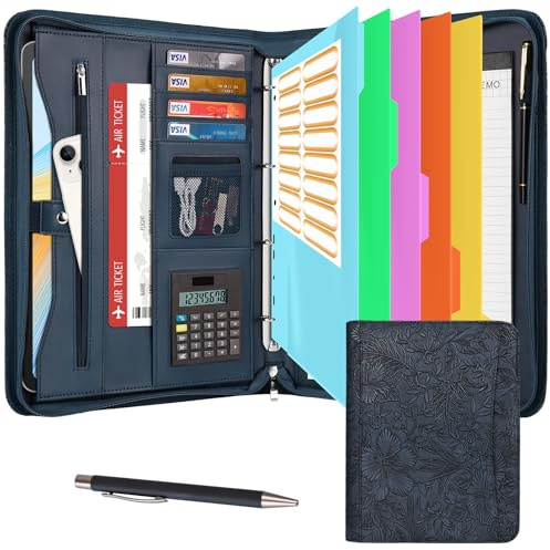 Leathario Cartella Portadocumenti A4 con 5 Fogli Trasparenti, Accoglitori ad Anelli A4, Zip, Cartelline Porta Documenti A4 con Quaderno per Riunioni, Ufficio e Scuola