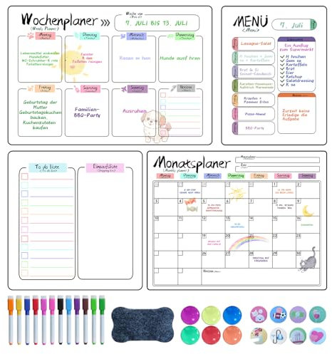 Prelisee 4 Stk Whiteboard Wochenplaner Magnetisch Monatsplaner Abwischbar Kann Als Essensplaner Woche,To Do Liste,Haushaltsplaner,Einkaufsliste,42×30cm Kinder Wochenplaner Abwischbar für Kühlschrank