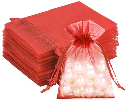G2PLUS Red Organza Gift Pouches, 7x9 CM Small Favour Bags, 50 PCS | Wedding Jewelry Bags, Clear Mesh Pouches Perfect for Wedding, Christmas, Birthday, Anniversary