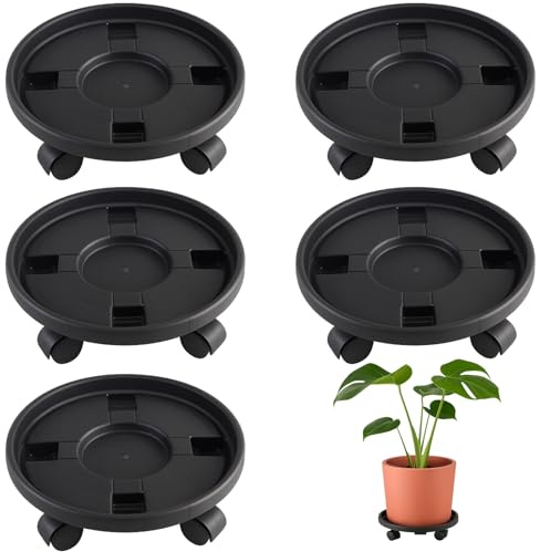 Tulpeed Rolling Plant Stand with Wheels 5 Pack 12 Inch Plant Caddy with Wheels Heavy Duty Plant Dolly Roller Base with Wheels Round Flower Pot Rack Holder Planter Trolley Tray, Black
