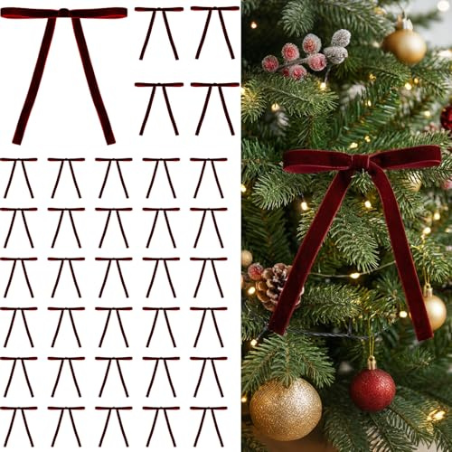 Crossunx 36 Pcs Burgundy Velvet Christmas Tree Bows Decor, Vintage Wreath Bow for Christmas Garland, Gift Wrapping, Xmas Tree, 3/8'' Wide, 5 * 7 inch