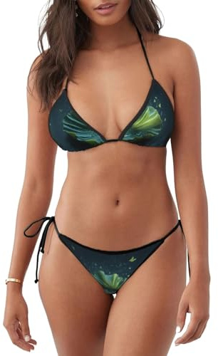 WHJSHOP Women's 2 Piece Bikini Swimsuit Floating Lotus Leaves Printed Triangle Bathing Suits, Black, Large