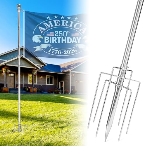 Sinyoeer 304 Stainless Steel 8FT In Ground Flag Pole with 7 Prongs Base, Heavy Duty Extra Thick RV Flag Pole, 1 Inch IngroundFlag Pole for Outside House, Yard, Garden, Residential (8FT-Silver)