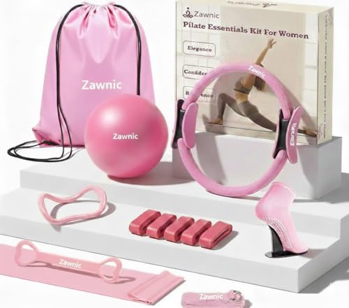 ZAWNIC 13-pcs Home Pilates Essentials Kit for Women – 9inch Yoga Ball, Figure-8 Resistance Band, Pilates Ring, Exercise Bands & Accessories – Beginner Pilates Equipment Set for Home Workouts