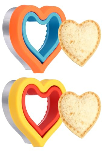 sourcing map 2 Pcs Sandwich Cutter and Sealer, Cute Cookie Cutters, Sandwich Maker Bread Decruster Lunch Accessories Heart Shape for Lunchbox DIY Cookie Lunch Bento Gift, Red/Yellow/Blue/Orange