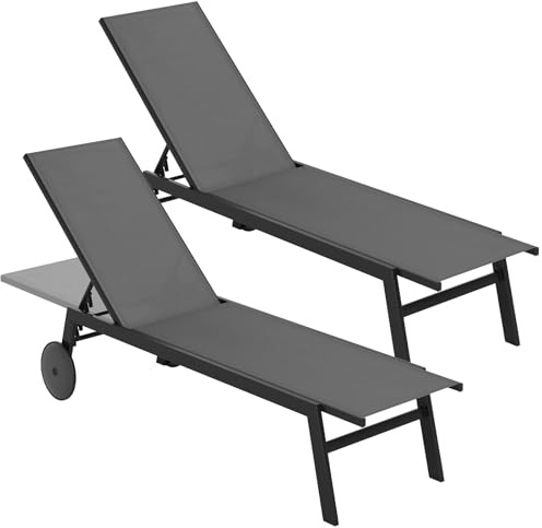 KOMFOTTEU Set di 1/2 Sedie a Sdraio da Giardino con Ruote, Lettino Prendisole Reclinabile con Schienale Regolabile in 6 Posizioni, Lettino da Spiaggia in Tessuto e Metallo, Carico 150 kg (2, Grigio)