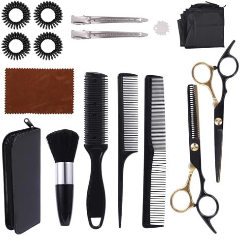 Vexnaro Tijeras Peluqueria Profesional Set 16 Piezas, Tijeras Cortar Pelo y Entresacar con Accesorios, Kit Corte de Cabello con Capa Peine Pinzas Cepillo y Bolsa, para Hombre Mujer Niños Hogar
