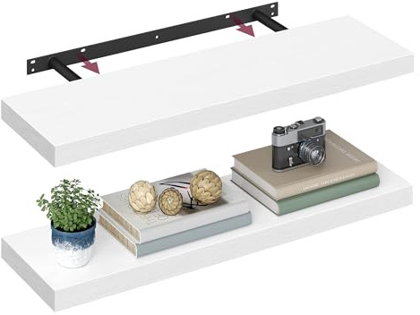 VASAGLE Set of 2 White Floating Shelves Bundle, 80 cm Wall Mounted Shelf | Hanging Shelving Unit for Bedroom and Bathroom Decor, Kitchen Display Shelves, Small Bookshelves, 10 kg Load Capacity