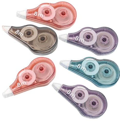 6-Pack Correction Tape Dispensers, 8m Each, Random Color, Stationery for Office & School Supplies, Easy-Glide Cover-Up Roller for Rewriting