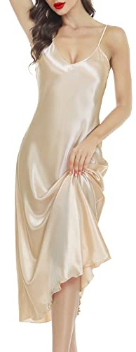 Lovasy Camicia da Notte in Raso Donna Sexy Sottoveste Lunga Seta Babydoll Spalline Regolabili Vestaglia con Scollo a V,Champagne M