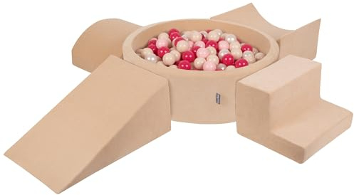 KiddyMoon Lekplats sammet av skum med sammet rund bollbad (200 bollar) version 5 bollgruvor för babylekbad, sandbeige: pastellbeige/puderrosa/pärla/mörkrosa